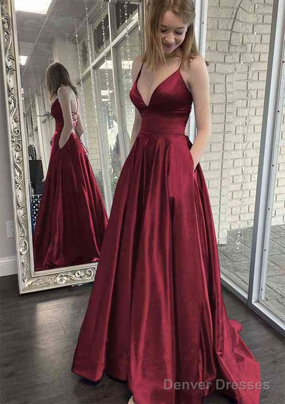 A-line V Neck Spaghetti Straps Sweep Train Charmeuse Prom Dresses With Pockets