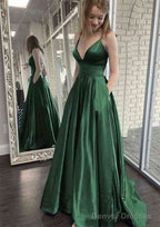 A-line V Neck Spaghetti Straps Sweep Train Charmeuse Prom Dresses With Pockets