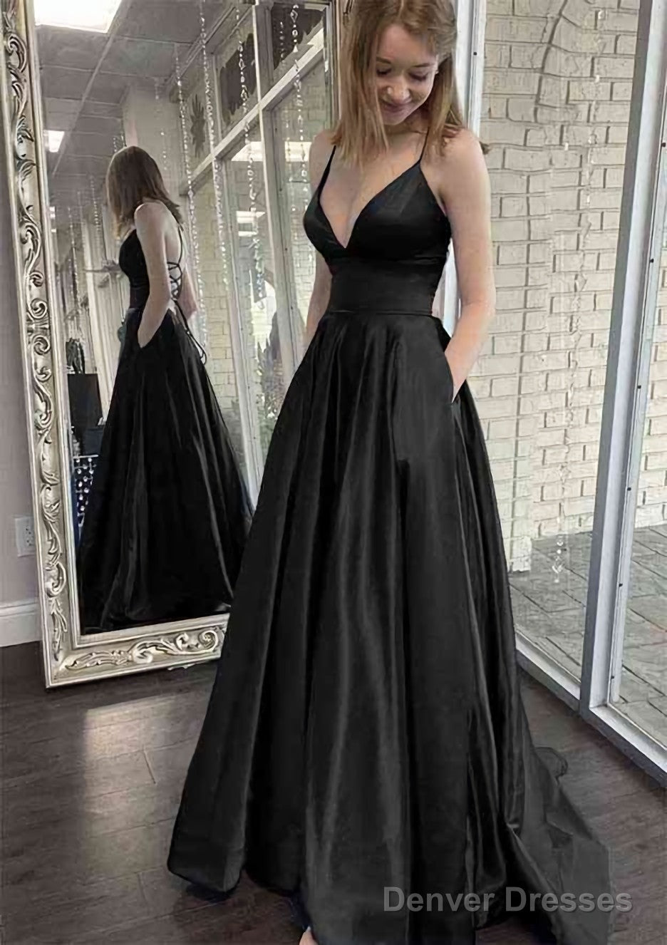 A-line V Neck Spaghetti Straps Sweep Train Charmeuse Prom Dresses With Pockets