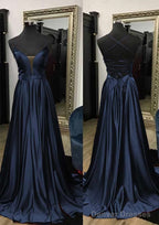 A-line V Neck Spaghetti Straps Sweep Train Charmeuse Prom Dresses With Split