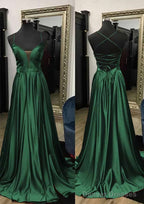 A-line V Neck Spaghetti Straps Sweep Train Charmeuse Prom Dresses With Split
