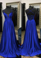 A-line V Neck Spaghetti Straps Sweep Train Charmeuse Prom Dresses With Split