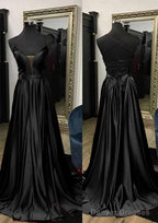 A-line V Neck Spaghetti Straps Sweep Train Charmeuse Prom Dresses With Split