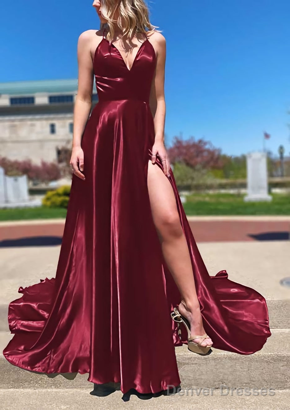 A-line V Neck Spaghetti Straps Sweep Train Charmeuse Prom Dresses With Split