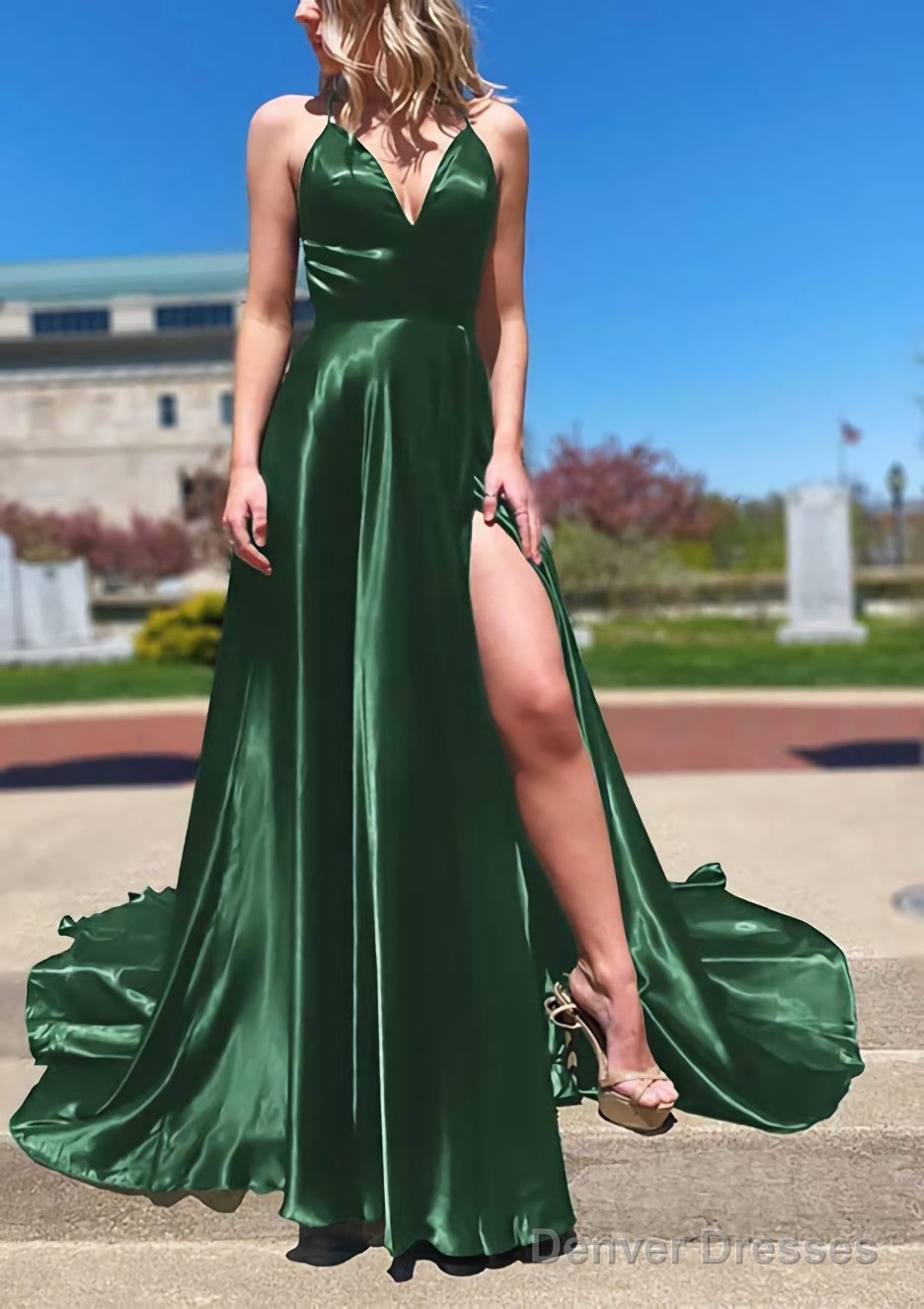 A-line V Neck Spaghetti Straps Sweep Train Charmeuse Prom Dresses With Split