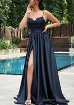 A-line V Neck Spaghetti Straps Sweep Train Satin Prom Dresses With Appliqued Beading Pleated Split
