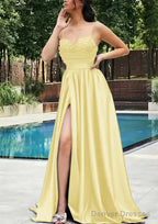 A-line V Neck Spaghetti Straps Sweep Train Satin Prom Dresses With Appliqued Beading Pleated Split