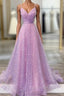Unique Prom Dress, A-line V Neck Spaghetti Straps Sweep Train Sequined Prom Dress With Pleated