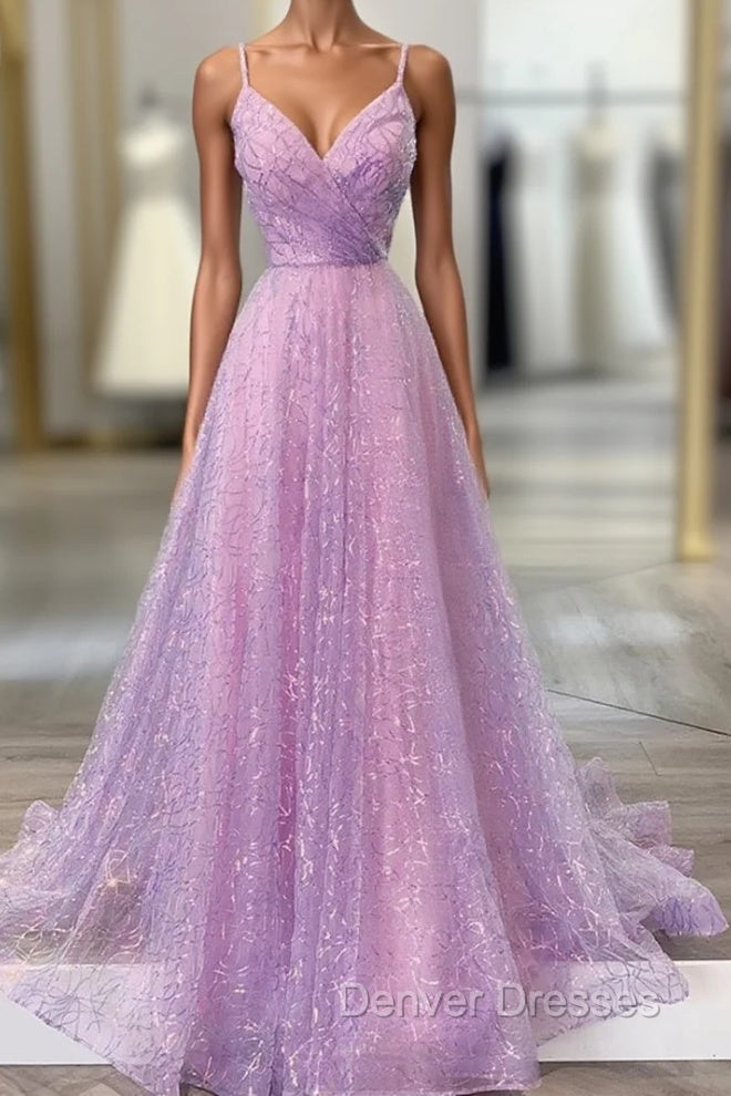 Unique Prom Dress, A-line V Neck Spaghetti Straps Sweep Train Sequined Prom Dress With Pleated Main image