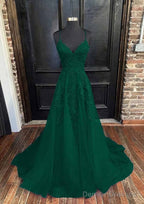 A-line V Neck Spaghetti Straps Sweep Train Tulle Prom Dresses With Appliqued