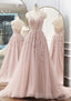 A-line V Neck Spaghetti Straps Sweep Train Tulle Prom Dresses With Appliqued Beading
