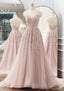 A-line V Neck Spaghetti Straps Sweep Train Tulle Prom Dresses With Appliqued Beading