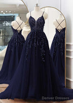 A-line V Neck Spaghetti Straps Sweep Train Tulle Prom Dresses With Appliqued Beading