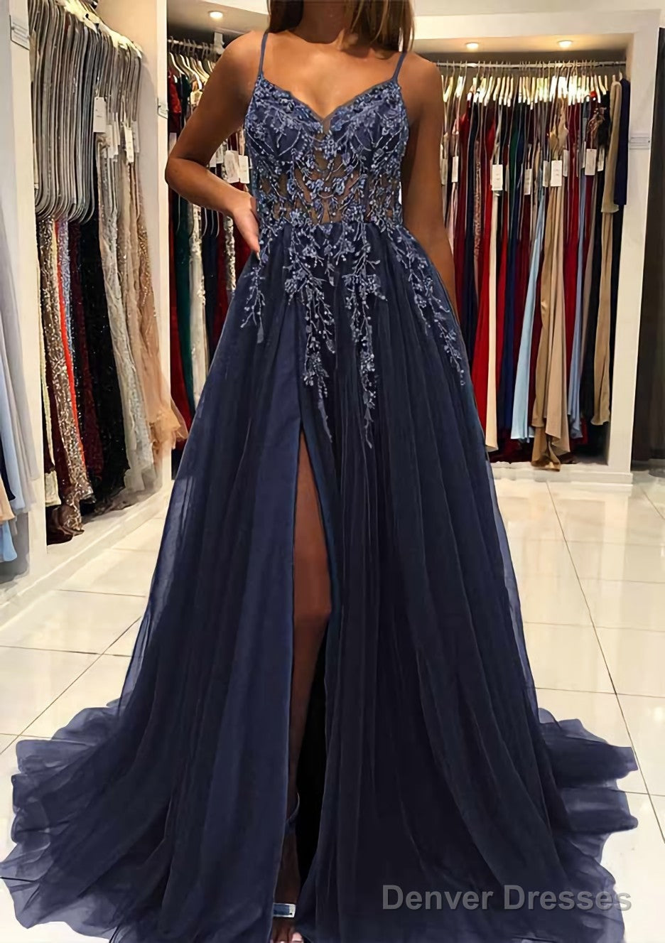 A-line V Neck Spaghetti Straps Sweep Train Tulle Prom Dresses With Beading Sequins Split