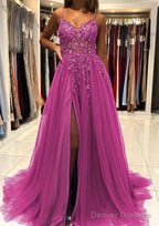 A-line V Neck Spaghetti Straps Sweep Train Tulle Prom Dresses With Beading Sequins Split