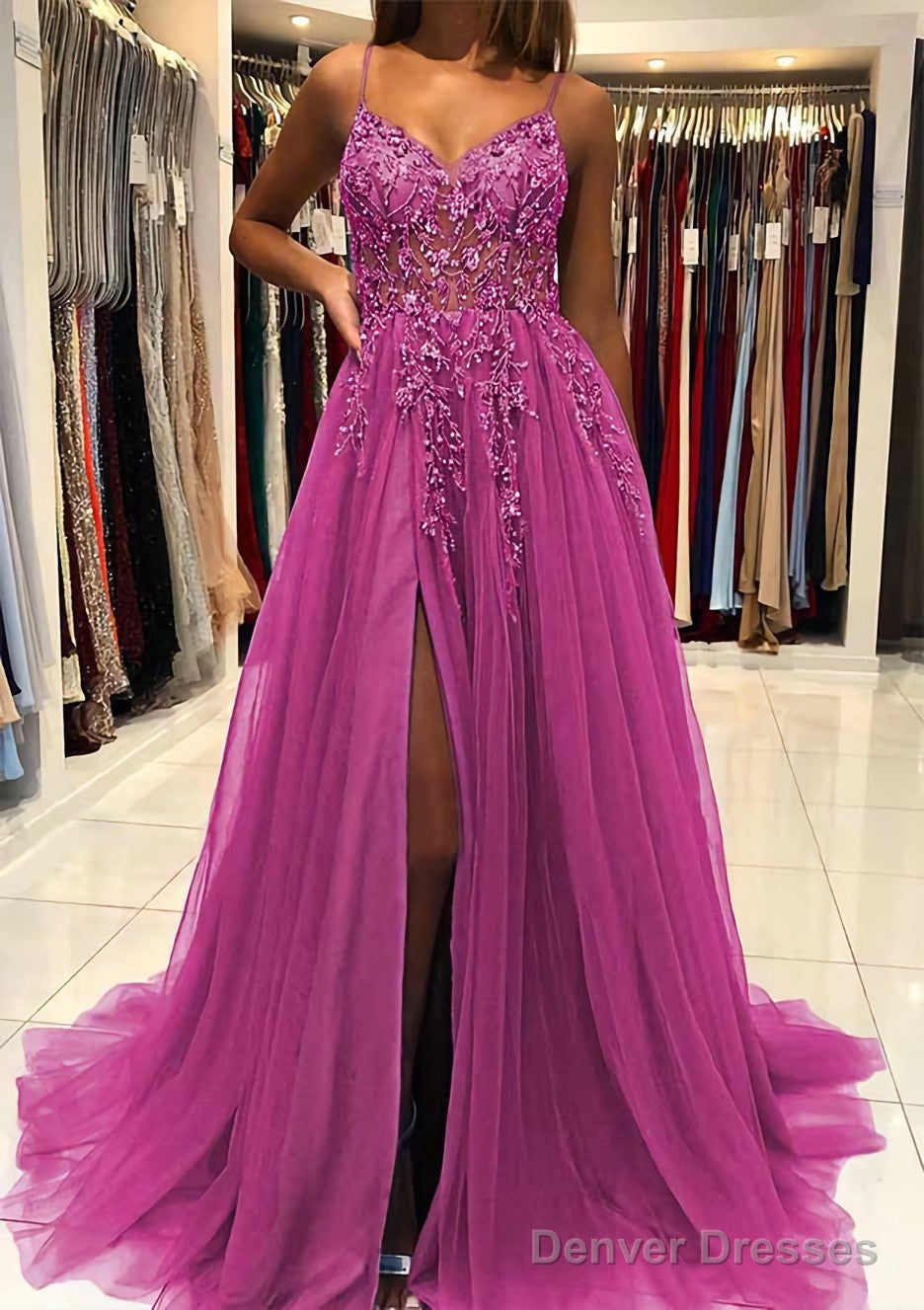 A-line V Neck Spaghetti Straps Sweep Train Tulle Prom Dresses With Beading Sequins Split