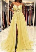 A-line V Neck Spaghetti Straps Sweep Train Tulle Prom Dresses With Beading Sequins Split