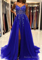 A-line V Neck Spaghetti Straps Sweep Train Tulle Prom Dresses With Beading Sequins Split