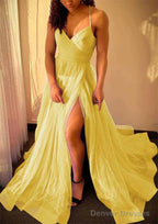 A-line V Neck Spaghetti Straps Sweep Train Tulle Prom Dresses With Split