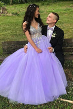 A-Line V-Neck Sweep Train Beaded Prom Dress