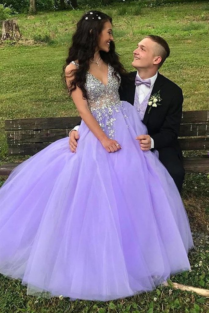A-Line V-Neck Sweep Train Beaded Prom Dress