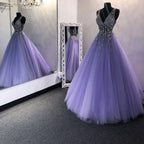 A-Line V-Neck Sweep Train Beaded Prom Dress