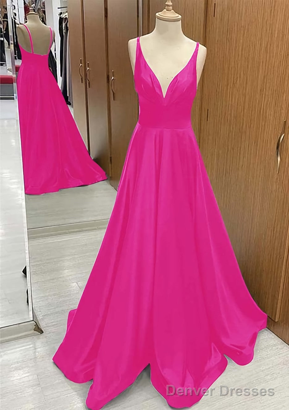 A-line V Neck Sweep Train Satin Prom Dresses With Pleated
