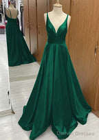 A-line V Neck Sweep Train Satin Prom Dresses With Pleated