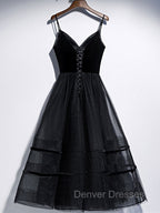 A Line V Neck Tea Length Black Velvet Prom Dress, Black Tea Length Graduation Homecoming Dress