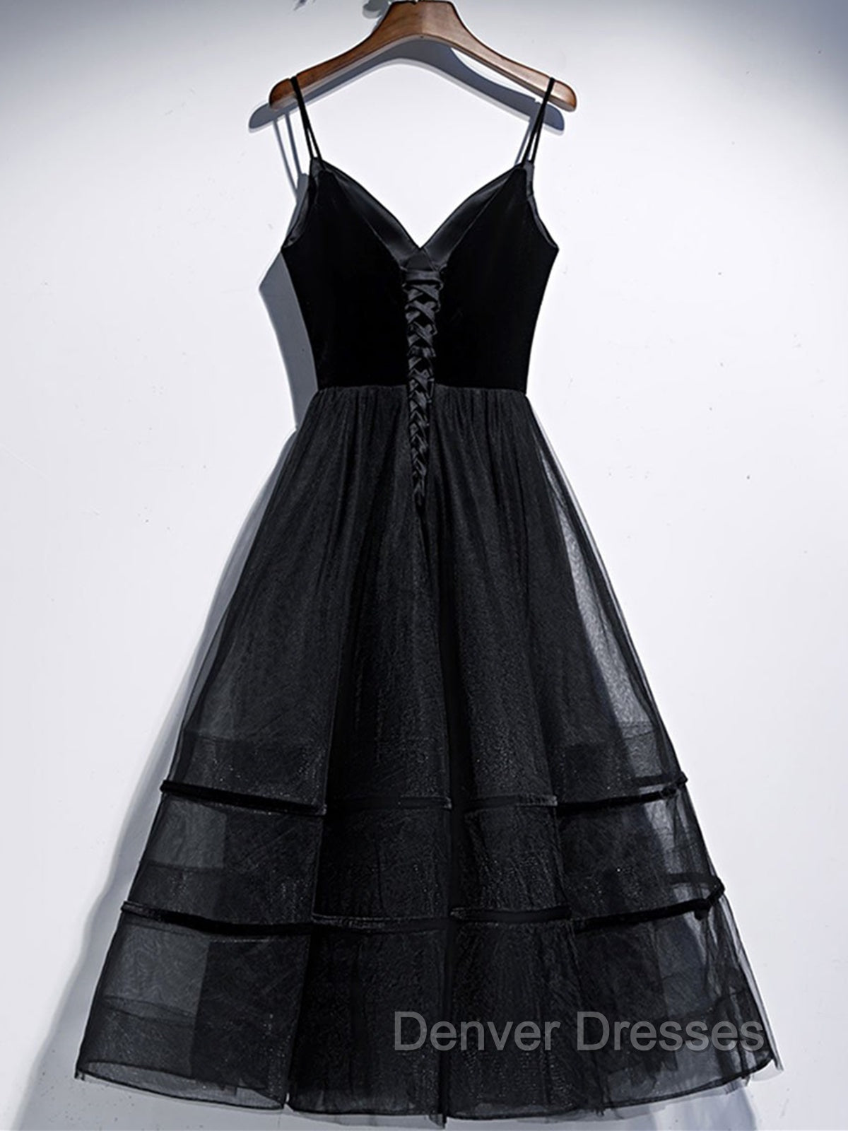 A Line V Neck Tea Length Black Velvet Prom Dress, Black Tea Length Graduation Homecoming Dress