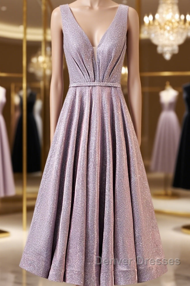A Line V Neck Tea Length Prom Dress, Shiny Tea Length Formal Evening Dress Main image
