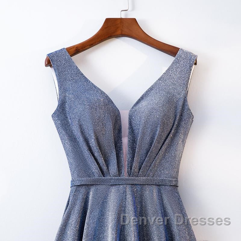 A Line V Neck Tea Length Prom Dress, Shiny Tea Length Formal Evening Dress