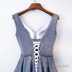 A Line V Neck Tea Length Prom Dress, Shiny Tea Length Formal Evening Dress