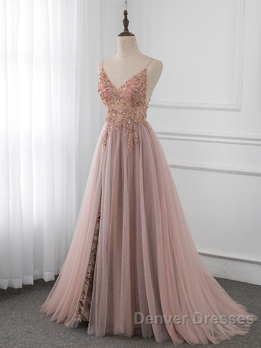 A-Line V Neck Tulle Beading Pink Long Prom Dress. Pink Formal Dress Secondary image