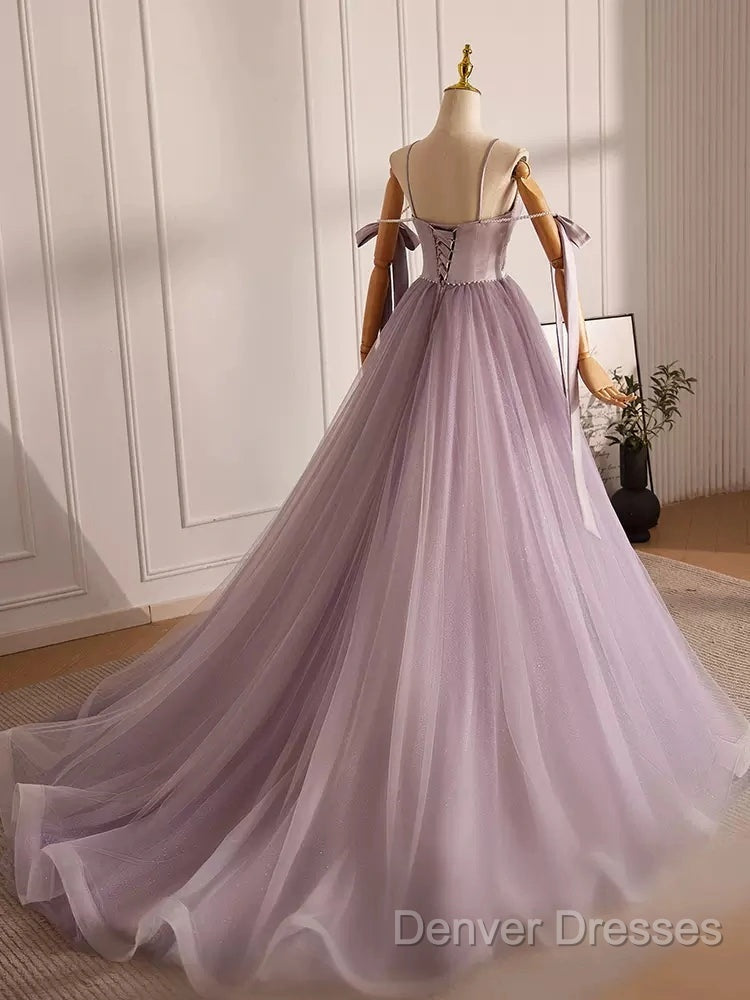 A-Line V Neck Tulle Beads Purple Long Prom Dress, Purple Long Formal Dress Secondary image
