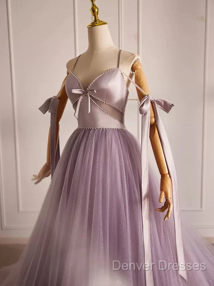 A-Line V Neck Tulle Beads Purple Long Prom Dress, Purple Long Formal Dress