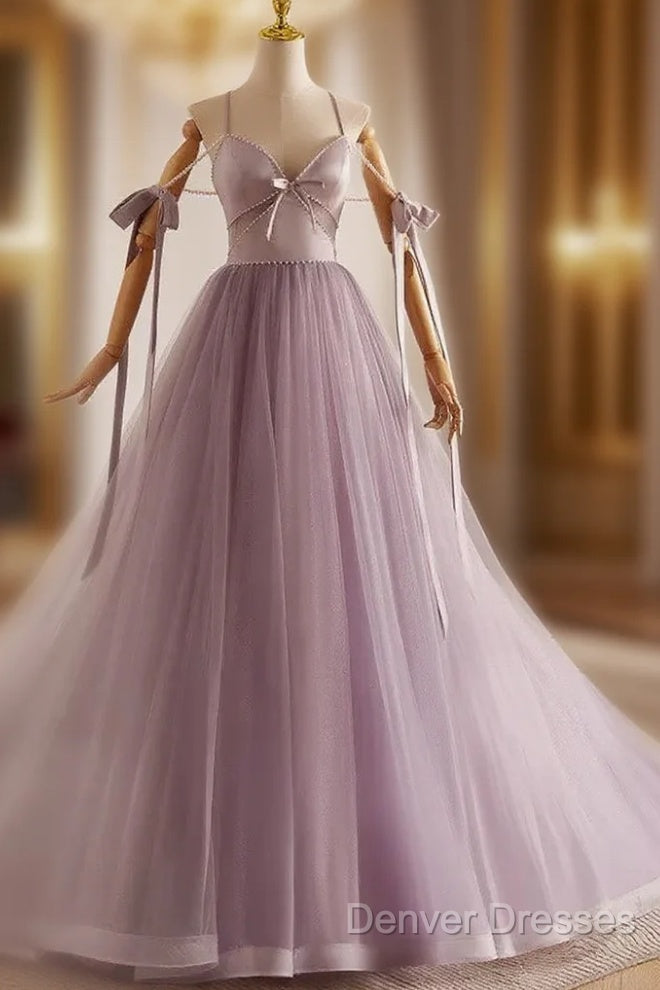 A-Line V Neck Tulle Beads Purple Long Prom Dress, Purple Long Formal Dress Main image