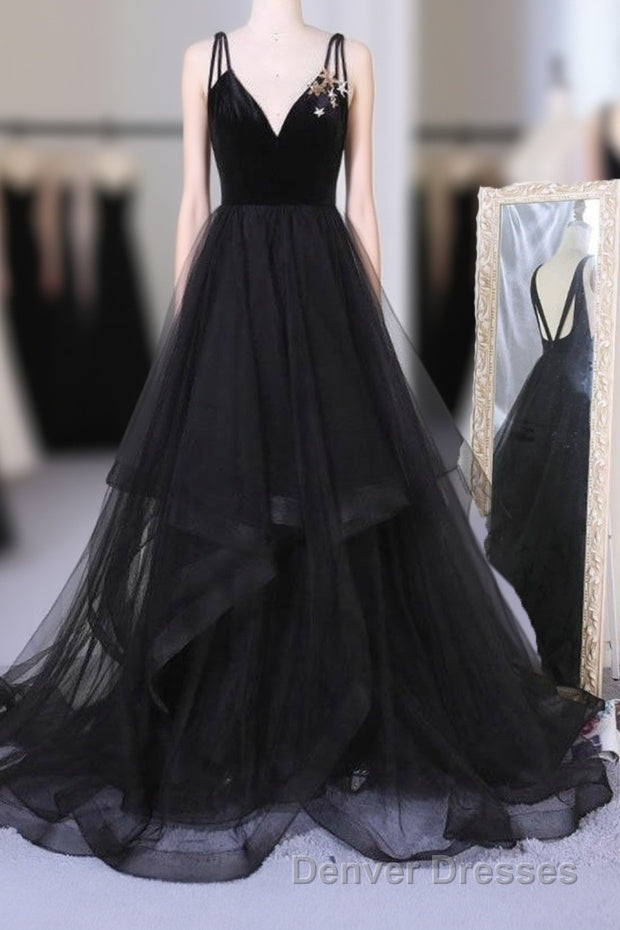 A Line V Neck Tulle Black Ball Gown, Black Prom, Black Formal Main image