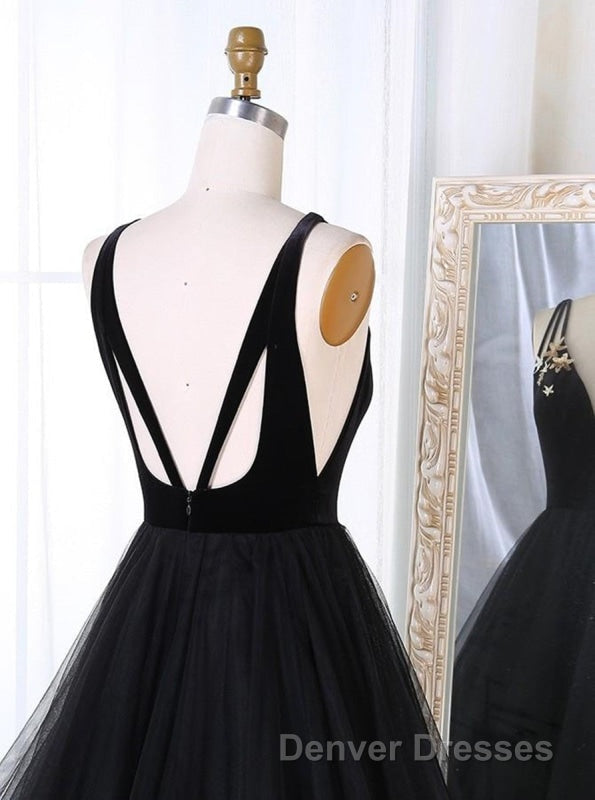A Line V Neck Tulle Black Ball Gown, Black Prom, Black Formal Secondary image
