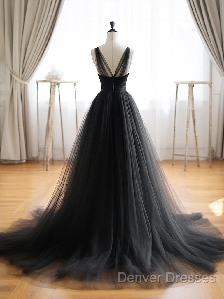 A-Line V Neck Tulle Black Long Prom Dress Secondary image