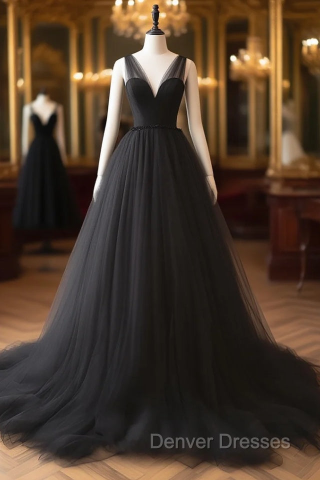 A-Line V Neck Tulle Black Long Prom Dress, Black Long Formal Dress Main image