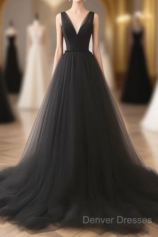 A-Line V Neck Tulle Black Long Prom Dress Main image