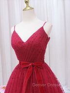 A-Line V Neck Tulle Burgundy Long Prom Dress, Burgundy Formal Dress