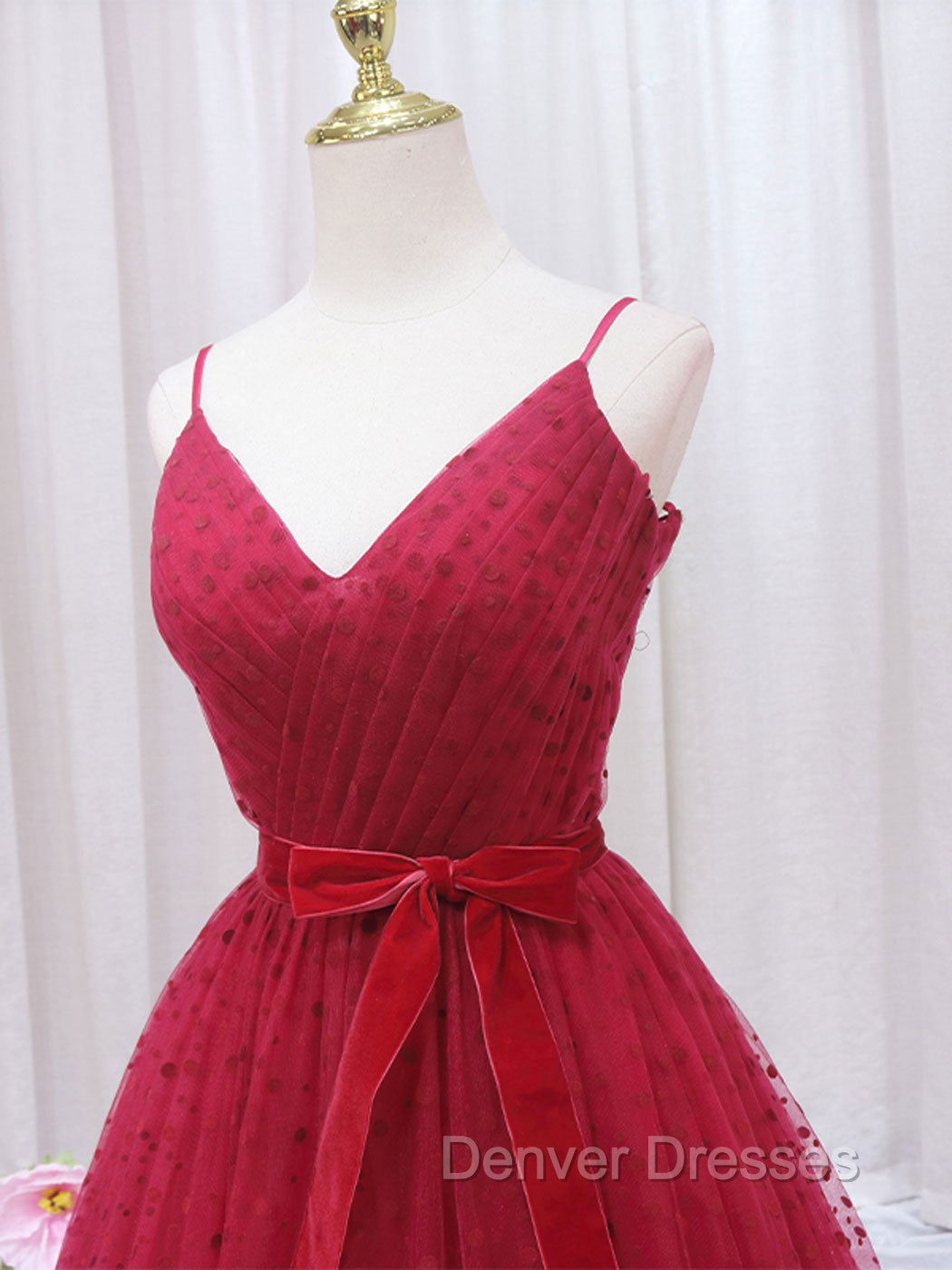 A-Line V Neck Tulle Burgundy Long Prom Dress, Burgundy Formal Dress Secondary image