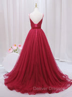 A-Line V Neck Tulle Burgundy Long Prom Dress, Burgundy Formal Dress