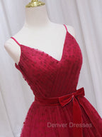 A-Line V Neck Tulle Burgundy Long Prom Dress, Burgundy Formal Dress