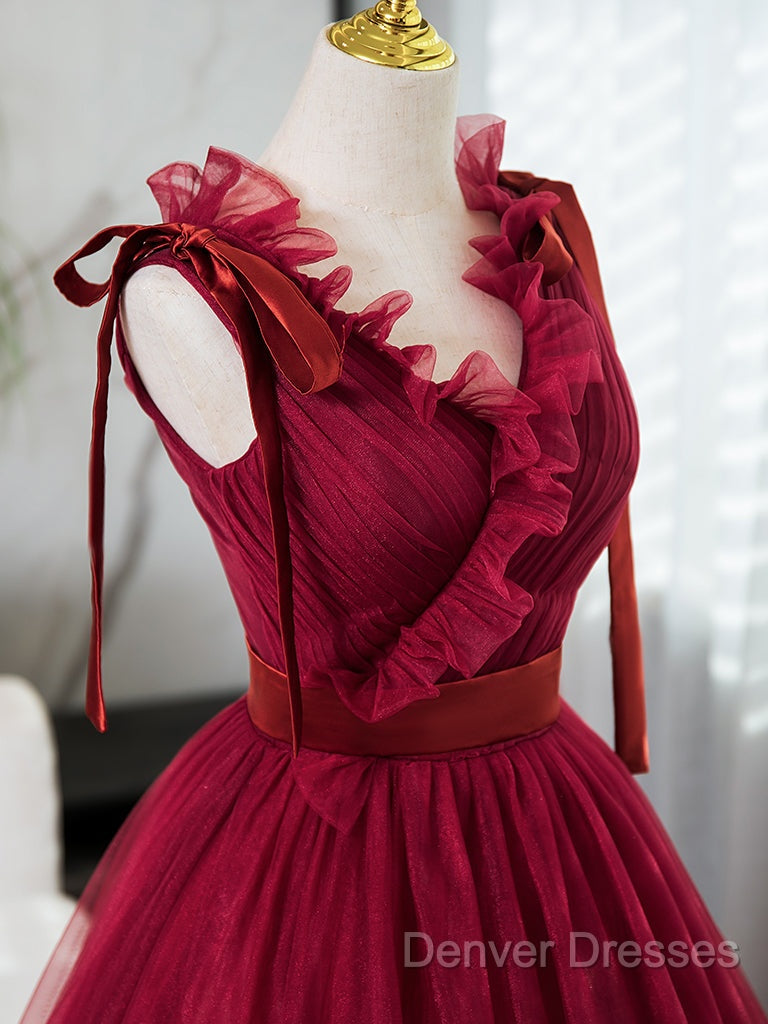 A-Line V Neck Tulle Burgundy Long Prom Dress, Burgundy Long Evening Dress Secondary image