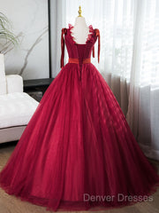 A-Line V Neck Tulle Burgundy Long Prom Dress, Burgundy Long Evening Dress