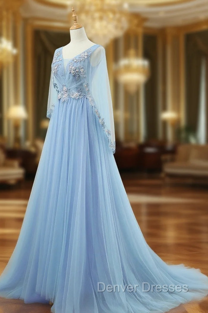 A-Line V Neck  Tulle Lace Blue Long Prom Dress, Blue Formal Evening Dress