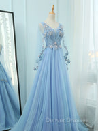 A-Line V Neck  Tulle Lace Blue Long Prom Dress, Blue Formal Evening Dress